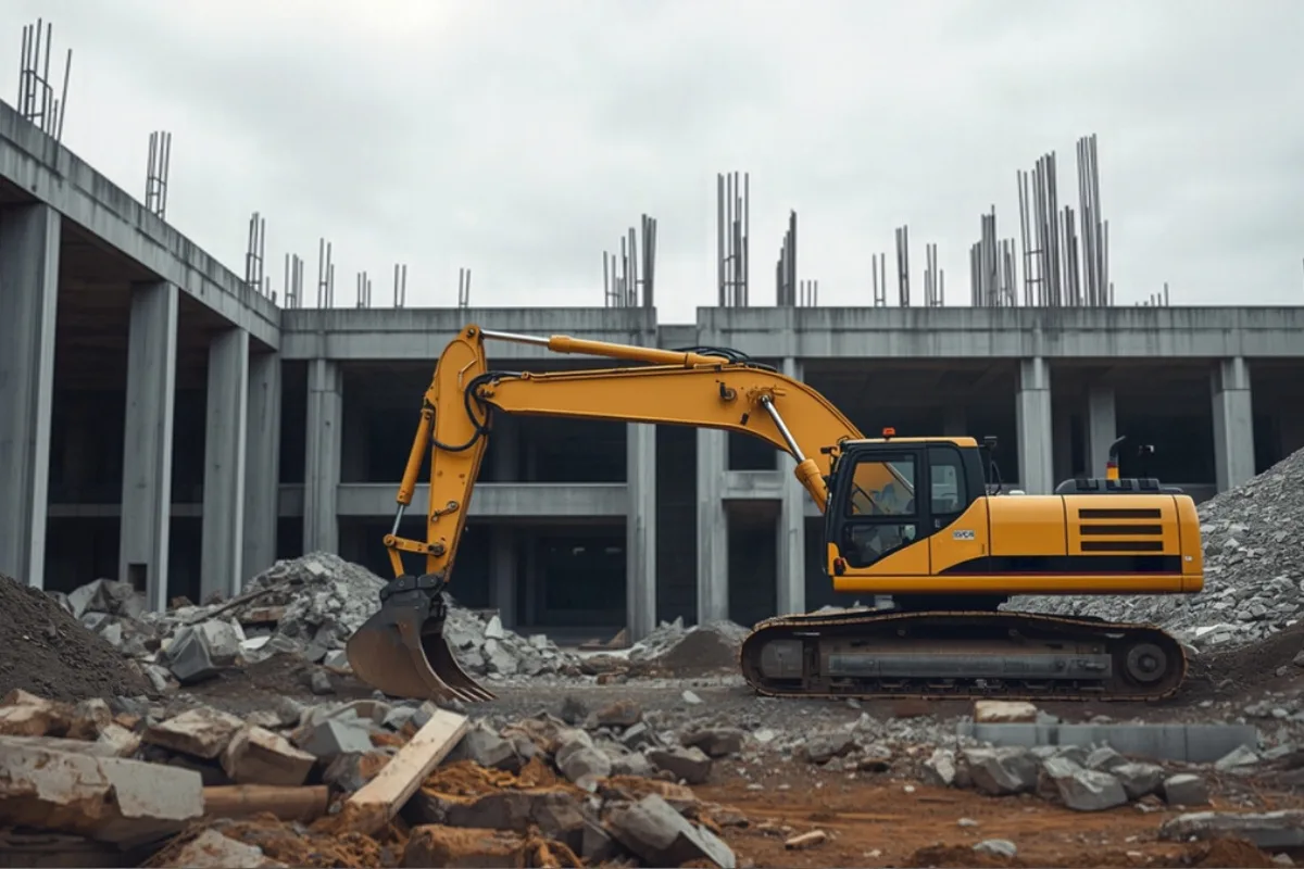 Escavadeira parada em canteiro de obra, diante de estrutura de concreto ainda em construção