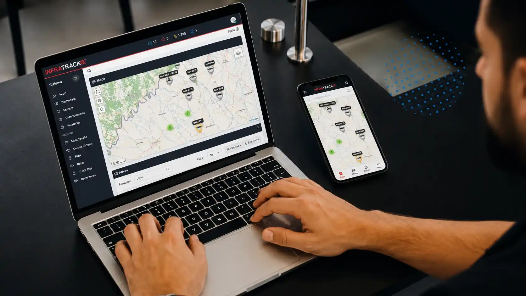 Coordenador acompanhando localização e status de chamados da equipe técnica em tempo real