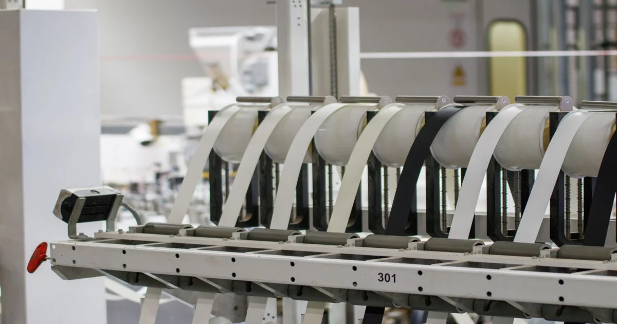 Linha de produção industrial moderna com máquina de embalagem em planta fabril